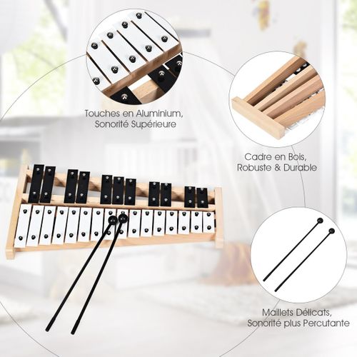 Xylophone à 27 Notes En Aluminium Avec 2 Maillets Et Cadre En Bois, Instrument De Percussion