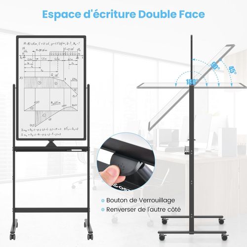 Tableau Blanc Mobile Magnétique Double Face, 60 X 90 Cm, 4 Roulettes, Pour École,bureau (noir)