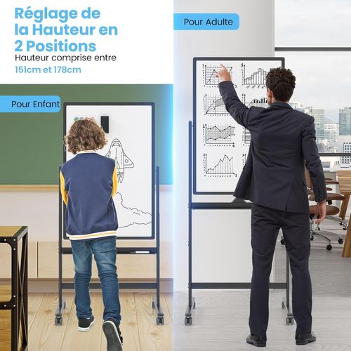 Tableau Blanc Mobile Magnétique Double Face, 60 X 90 Cm, 4 Roulettes, Pour École,bureau (noir)