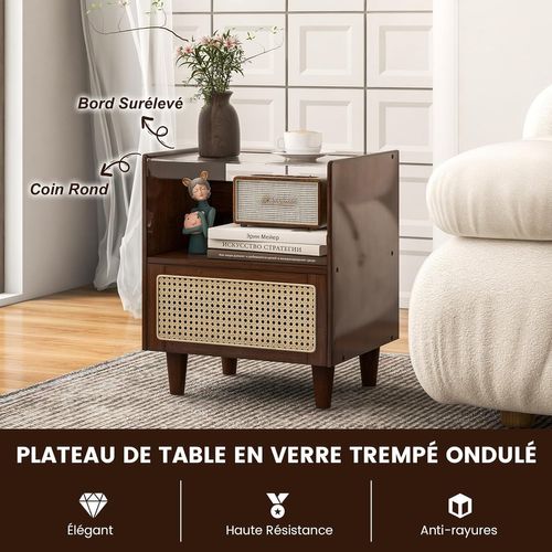 Table De Chevet Avec Tiroir, Table D'appoint En Bambou Avec Plateau En Verre,43x35x50cm(2, Noyer)