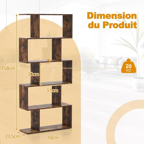 Bibliothèque Industrielle En Forme De S, 70 X 23,5 X 158 Cm, Chambre, Bureau, Marron Rustique