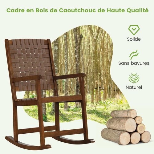 Fauteuil à Bascule En Bois D'hévéa, Chaise De Jardin D’extérieur,  Porche, Charge 100kg, Marron