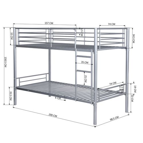 Lit Superposé 2 Personnes 90x190 Cm Métal Argenté