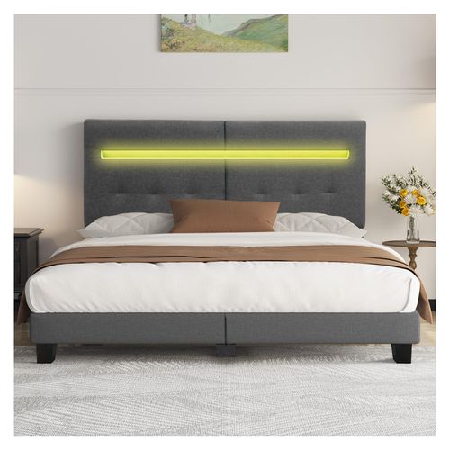 Lit Double 160x200 Cm Inre Avec Tête De Lit En Tissu Et Lampe LEDs - Sommier à Lattes