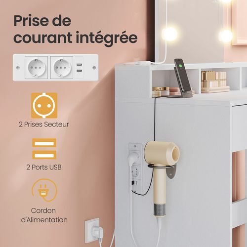 Coiffeuse Avec Miroir, 10 Ampoules LED Réglable, 3 Couleurs, 6 Compartiments Et 2 Tiroirs - Blanc