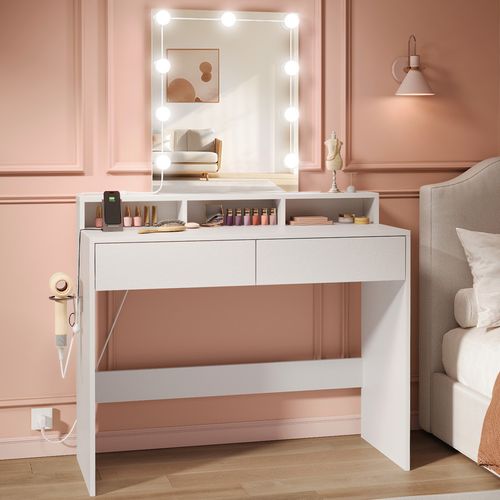 Coiffeuse Avec Miroir, 10 Ampoules LED Réglable, 3 Couleurs, 6 Compartiments Et 2 Tiroirs - Blanc