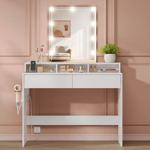 Coiffeuse Avec Miroir, 10 Ampoules LED Réglable, 3 Couleurs, 6 Compartiments Et 2 Tiroirs - Blanc