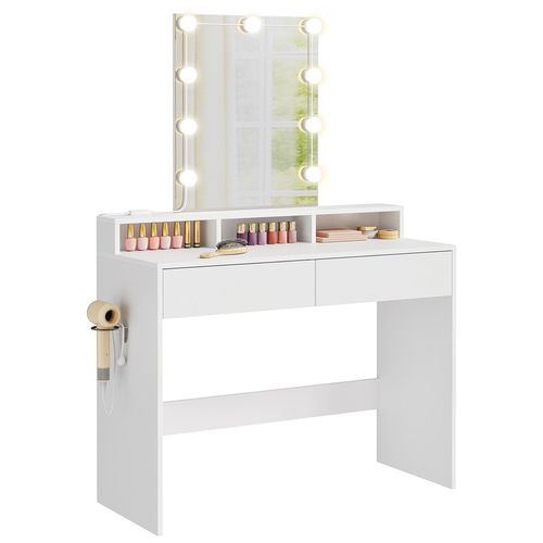 Coiffeuse Avec Miroir, 10 Ampoules LED Réglable, 3 Couleurs, 6 Compartiments Et 2 Tiroirs - Blanc