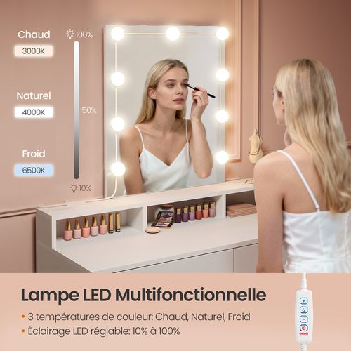 Coiffeuse Avec Miroir, 10 Ampoules LED Réglable, 3 Couleurs, 6 Compartiments Et 2 Tiroirs - Blanc