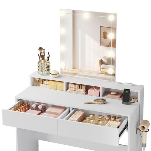Coiffeuse Avec Miroir, 10 Ampoules LED Réglable, 3 Couleurs, 6 Compartiments Et 2 Tiroirs - Blanc