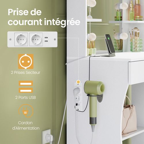 Coiffeuse Avec Miroir, 10 Ampoules LED Réglable,3 Couleurs, 6 Compartiments Et 2 Tiroirs - Blanc