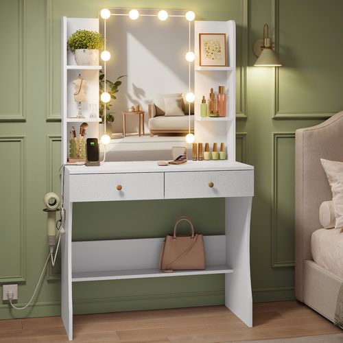 Coiffeuse Avec Miroir, 10 Ampoules LED Réglable,3 Couleurs, 6 Compartiments Et 2 Tiroirs - Blanc