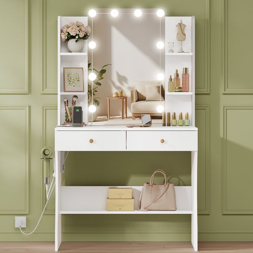 Coiffeuse Avec Miroir, 10 Ampoules LED Réglable,3 Couleurs, 6 Compartiments Et 2 Tiroirs - Blanc