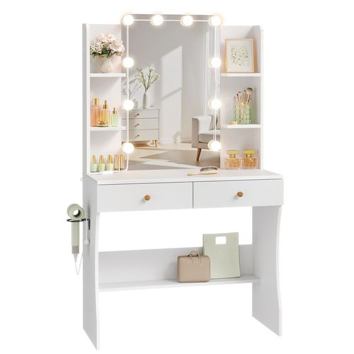 Coiffeuse Avec Miroir, 10 Ampoules LED Réglable,3 Couleurs, 6 Compartiments Et 2 Tiroirs - Blanc
