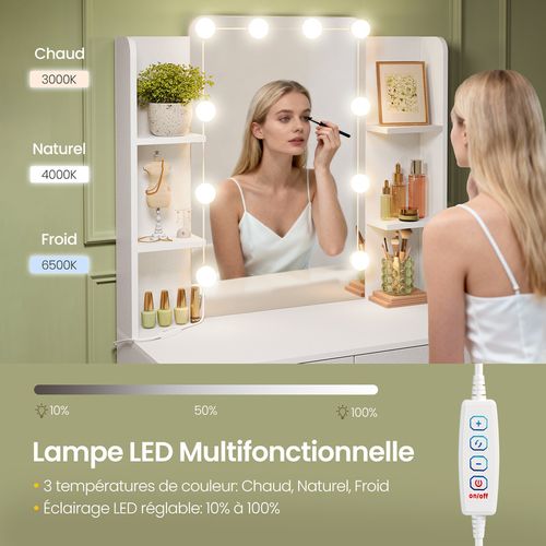 Coiffeuse Avec Miroir, 10 Ampoules LED Réglable,3 Couleurs, 6 Compartiments Et 2 Tiroirs - Blanc