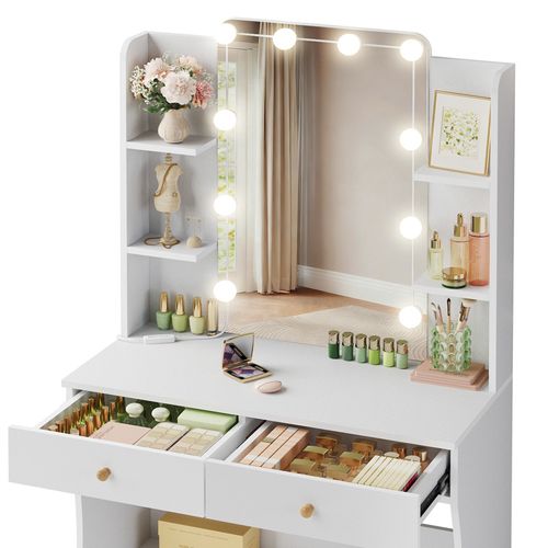 Coiffeuse Avec Miroir, 10 Ampoules LED Réglable,3 Couleurs, 6 Compartiments Et 2 Tiroirs - Blanc