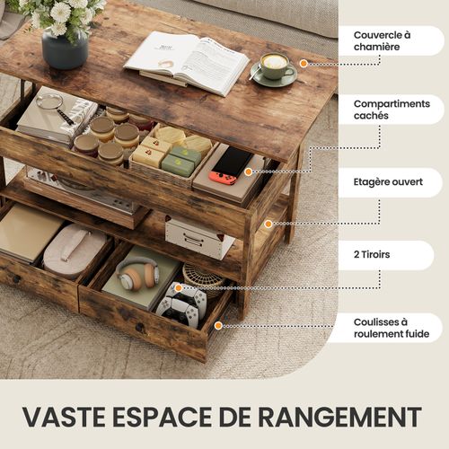 Table Basse - Table De Salon - Hauteur Réglable, Surface En Bois, Panneau Aggloméré ,106x49x48cm