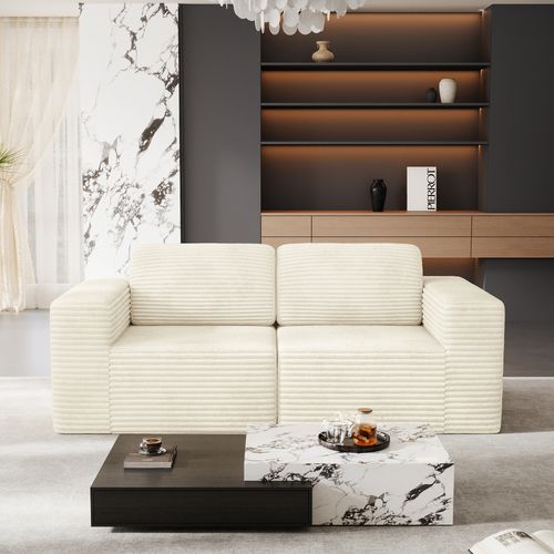 Canapé Compressé Modulaire 2 Places Velours Côtelé Beige,sans Assemblage