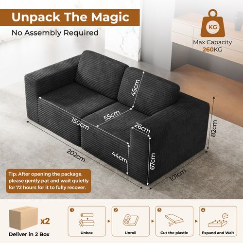 Canapé Compressé Modulaire 2 Places Velours Côtelé Noir,sans Assemblage
