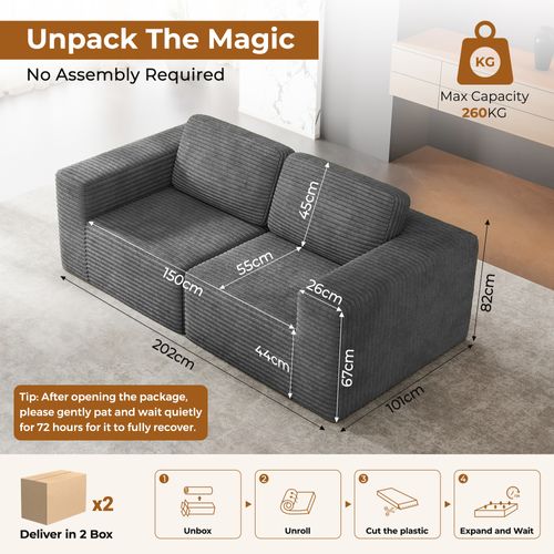 Canapé Compressé Modulaire 2 Places Velours Côtelé Gris,sans Assemblage