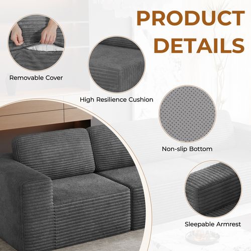 Canapé Compressé Modulaire 2 Places Velours Côtelé Gris,sans Assemblage