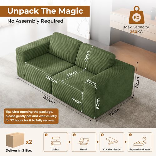 Canapé Compressé Modulaire 2 Places Velours Côtelé Vert,sans Assemblage