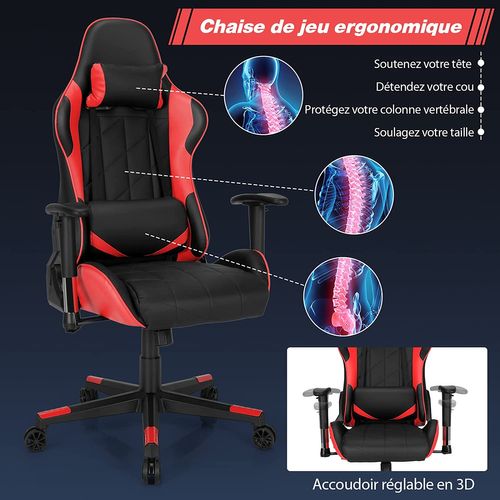 Chaise Gaming Réglable à Dossier Inclinable De 90°-160° Avec Appui-tête, Renfort Lombaire