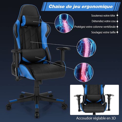 Chaise Gaming Réglable à Dossier Inclinable De 90°-160° Avec Appui-tête, Renfort Lombaire
