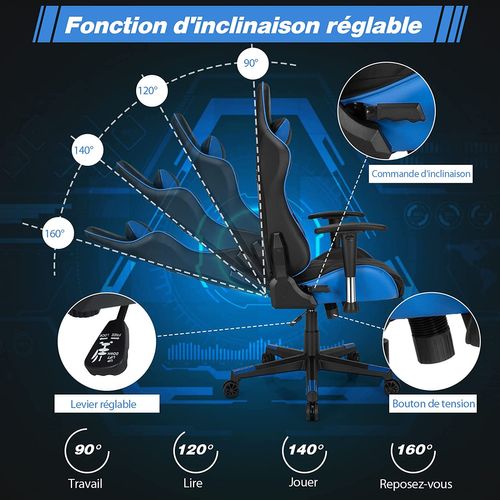 Chaise Gaming Réglable à Dossier Inclinable De 90°-160° Avec Appui-tête, Renfort Lombaire