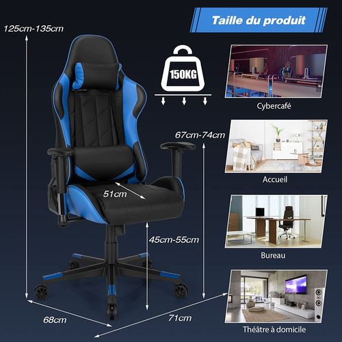 Chaise Gaming Réglable à Dossier Inclinable De 90°-160° Avec Appui-tête, Renfort Lombaire