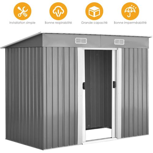 Abri De Jardin En Métal-3,1㎡-238x131x181 Cm-4 Trous D’aération-2 Portes Jardin-gris