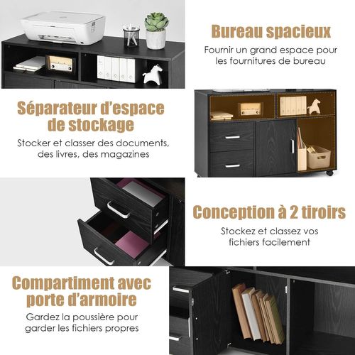 Caisson Bureau 2 Tiroirs, Meuble Rangement Bureau Avec Placard, 3 Compartiments, Placard, Noir