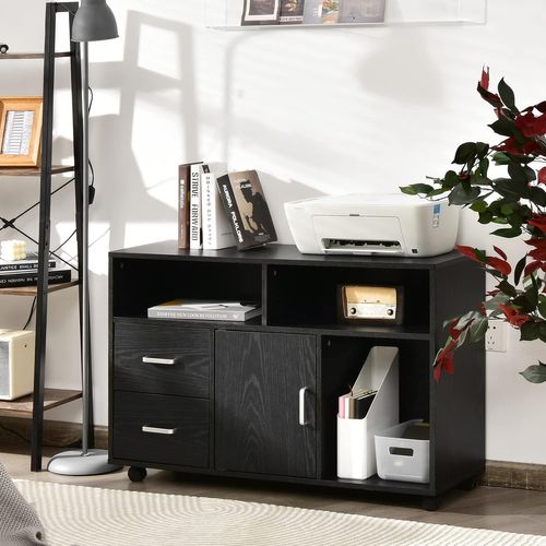 Caisson Bureau 2 Tiroirs, Meuble Rangement Bureau Avec Placard, 3 Compartiments, Placard, Noir