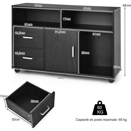 Caisson Bureau 2 Tiroirs, Meuble Rangement Bureau Avec Placard, 3 Compartiments, Placard, Noir