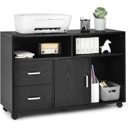 Caisson Bureau 2 Tiroirs, Meuble Rangement Bureau Avec Placard, 3 Compartiments, Placard, Noir