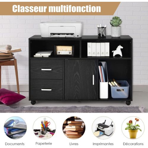 Caisson Bureau 2 Tiroirs, Meuble Rangement Bureau Avec Placard, 3 Compartiments, Placard, Noir