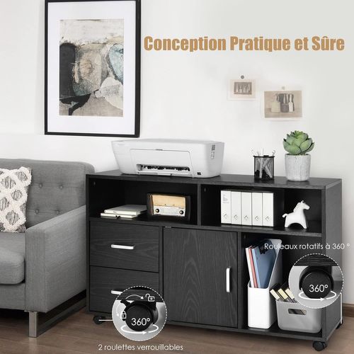 Caisson Bureau 2 Tiroirs, Meuble Rangement Bureau Avec Placard, 3 Compartiments, Placard, Noir