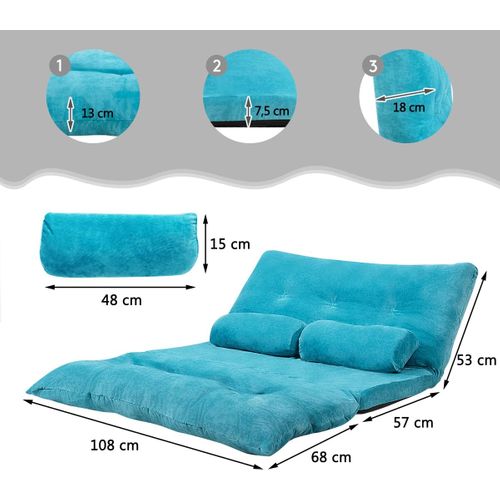 Canapé-lit Paresseux Pliable, Canapé De Sol Réglable 90°-180° à 6 Positions Avec 2 Oreillers Bleu