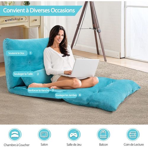 Canapé-lit Paresseux Pliable, Canapé De Sol Réglable 90°-180° à 6 Positions Avec 2 Oreillers Bleu