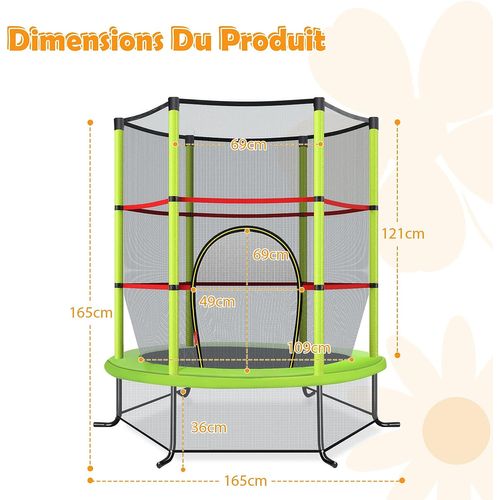Trampoline De Jardin Pour Enfants Ø165 × 1,60h Cm Avec Filet De Protection,vert