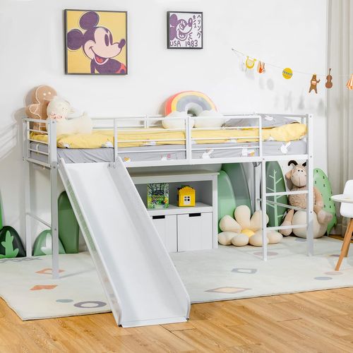 Lit Mezzanine 90x190 Cm En Métal Avec 4 Garde-corps De Sécurité,blanc