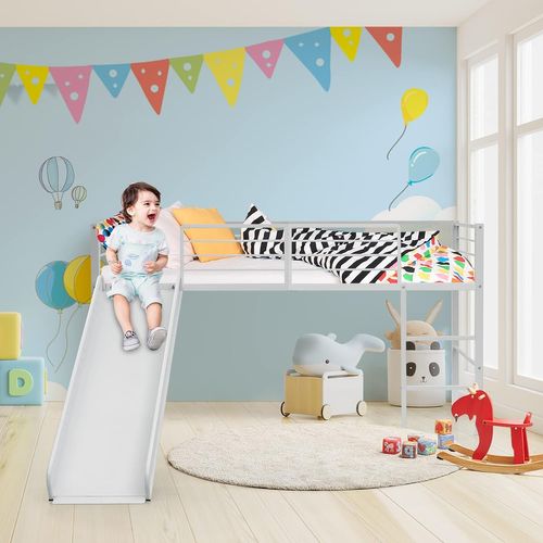 Lit Mezzanine 90x190 Cm En Métal Avec 4 Garde-corps De Sécurité,blanc