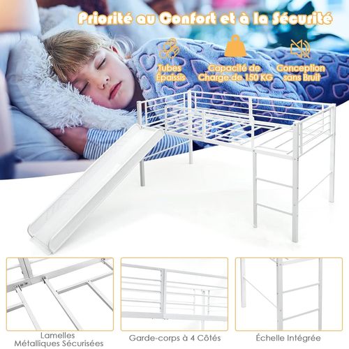 Lit Mezzanine 90x190 Cm En Métal Avec 4 Garde-corps De Sécurité,blanc