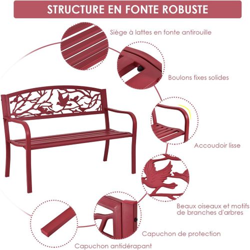 Banc De Jardin Structure Stable, Motif Oiseaux Et Branches 123 X 60 X 88 Cm Rouge