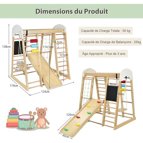 Cadre D'escalade 8 En 1 Pour Enfant Avec Toboggan, Echelle D'escalade, Filet D'escalade