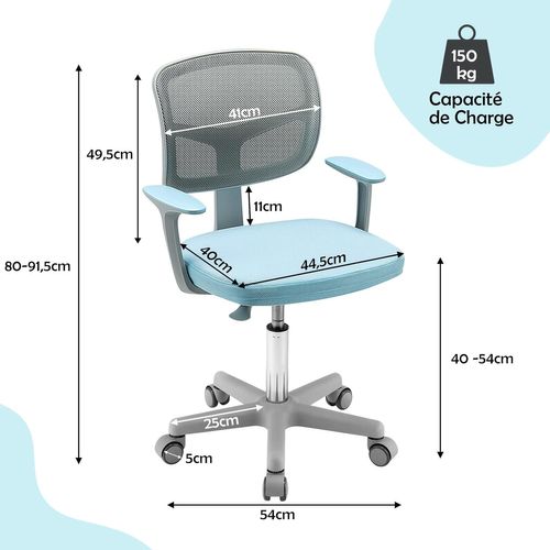 Chaise De Bureau à Roulettes Pour Enfants,soutien Lombaire, Siège Pivotant