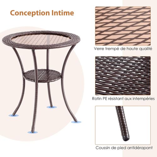 Table Basse Jardin En Rotin Pe, Verre Trempé, Cadre En Fer Anti-rouille