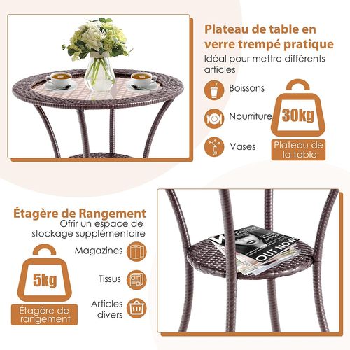 Table Basse Jardin En Rotin Pe, Verre Trempé, Cadre En Fer Anti-rouille