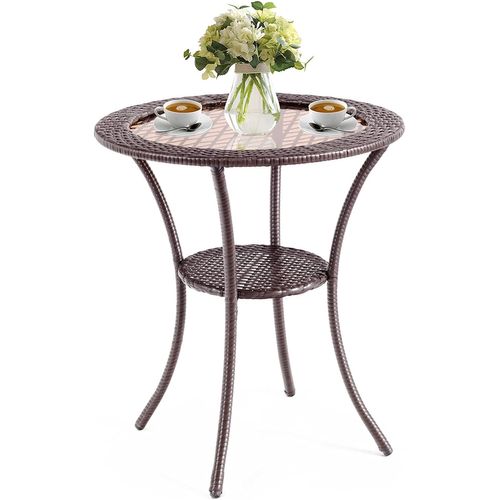 Table Basse Jardin En Rotin Pe, Verre Trempé, Cadre En Fer Anti-rouille