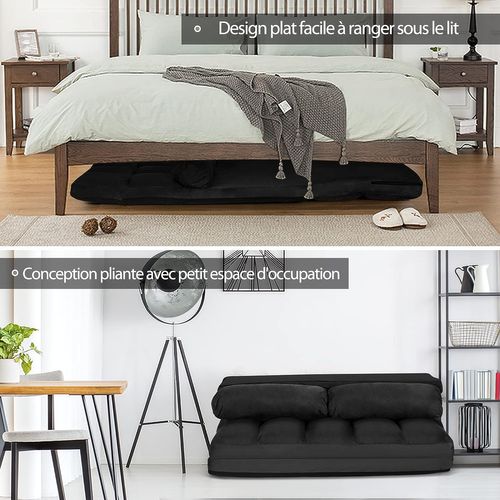 Canapé Convertible 2 Places 113 X 180 Cm Dossier Réglable à 6 Positions Housse Noir